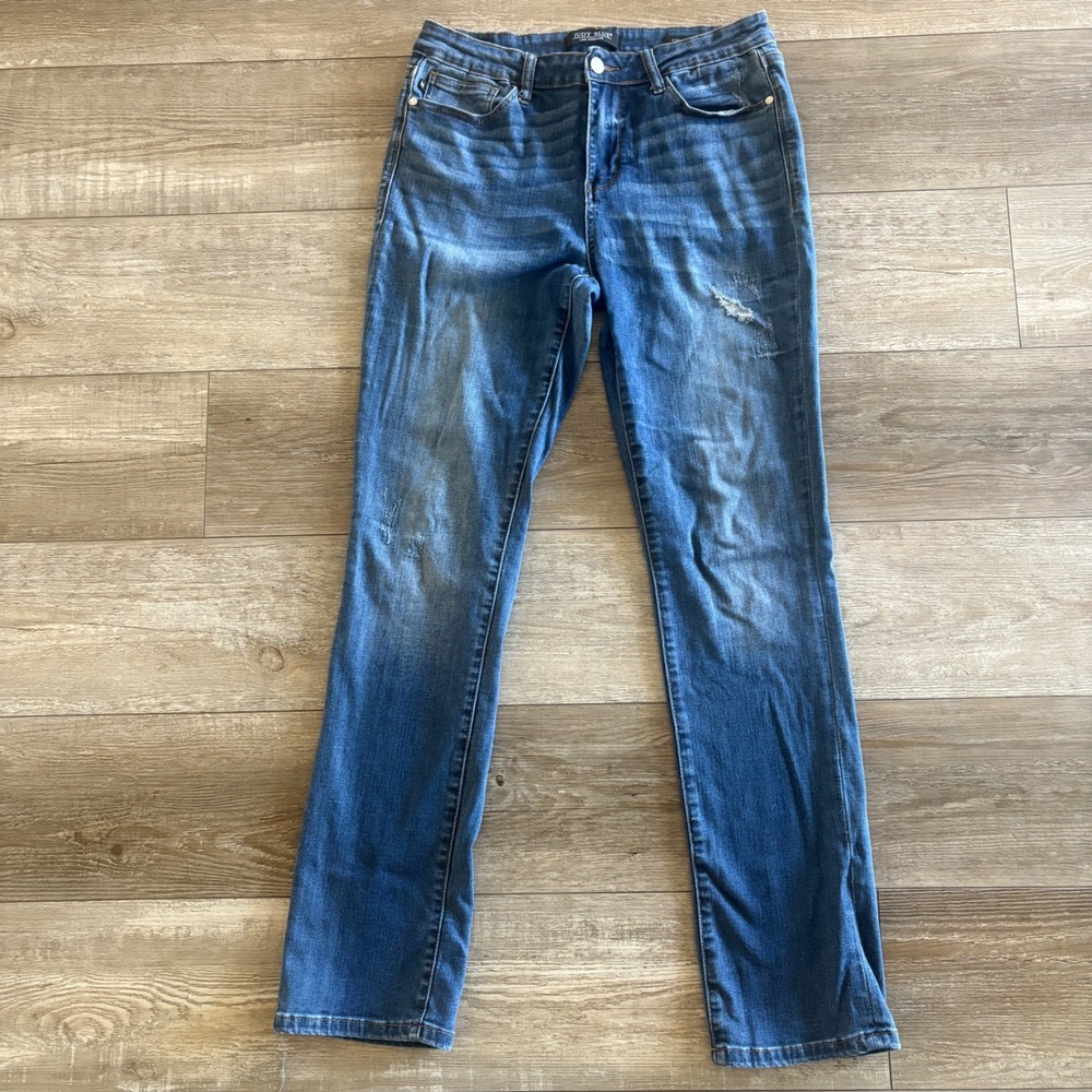 Judy Blue Straight Fit Jeans Women 31 Blue Distressed Mid Rise Denim Stretch